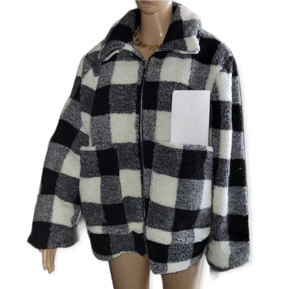 New Steve Madden Black & White Buffalo Plaid Fleece Zip-Up Women's Jacket - Picture 3 of 12